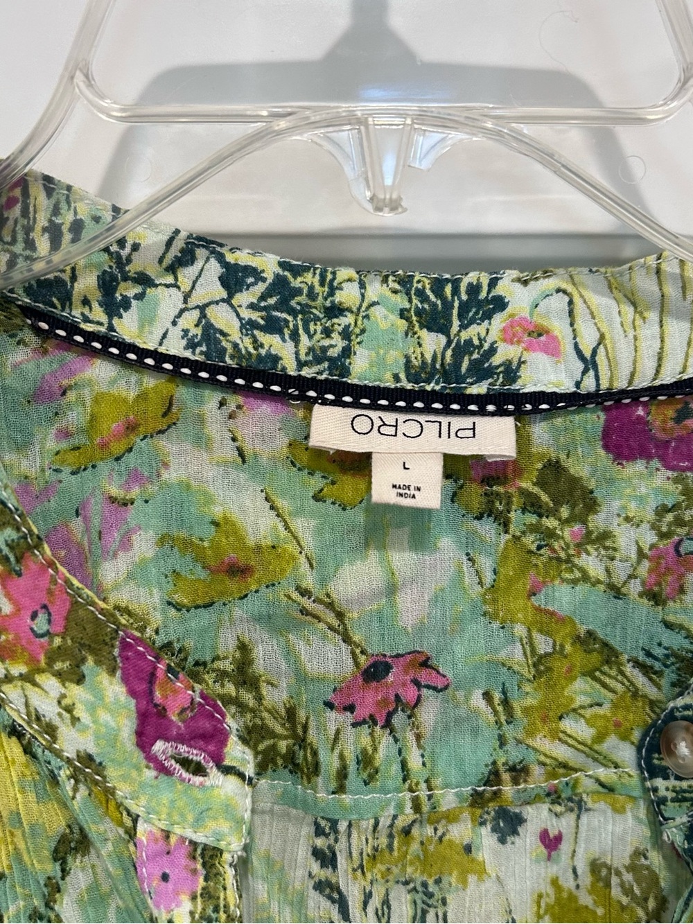 Pilcro for Anthropologie Green Floral Button-Front Blouse with Pink Accents - Picture 3 of 9
